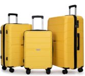 Travelhouse Luggage Sets TSA Double Spinner PP Suitcase Lightweight 3 Piece Set 20″/24″/28″ (Yellow)