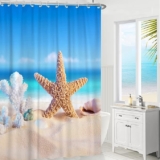 GCIREC Beach Shower Curtain, Summer Ocean Beach Theme Starfish Coastal Conch Seashell Blue Sky Print Bathroom Curtain for Bathtub Decor Waterproof Fabric Machine Washable