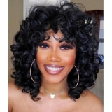andromeda Short Curly Wigs for Black Women Soft Black Big Curly Wig with Bangs Afro Kinky Curls Heat Resistant Natural Looking Synthetic Wig for African American Women