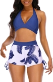 Womens High Waisted Swimsuits with Boy Shorts Brazilian Triangle Top Stripes Halter Bikini Two Piece Bathing Suits