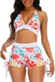 Womens High Waisted Swimsuits with Boy Shorts Brazilian Triangle Top Stripes Halter Bikini Two Piece Bathing Suits