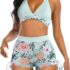 Womens High Waisted Swimsuits with Boy Shorts Brazilian Triangle Top Stripes Halter Bikini Two Piece Bathing Suits