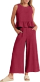 Prinbara Women’s Summer 2 Piece Outfits Sleeveless Round Neck Ruffle Tank Crop Top Wide Leg Pants Set with Pockets