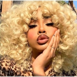 andromeda Short Blonde Curly Wigs for Black Women Soft Fluffy Curly Wig wiht Bangs Synthetic Kinky Curls Hair Wigs Loose Curly African American Costume Cosplay Half Wigs