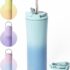 BOTTLE BOTTLE Insulated Coffee Tumblers with Dual-use Lid and Straw Double Walled Iced Travel Coffee Mug for Woman and Man 18 oz Stainless Steel Tumbler with Handle(green yellow