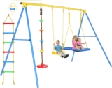 Plohee Swing Sets for Backyard, 550lbs Heavy-Duty Kid Swing Set with Two Swing Seats, Climbing Rope, Climbing Ladder for Outdoor Playground Ages 3-9 (Yellow&Blue)