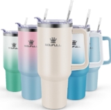 40 oz Tumbler with Handle and Straw Lid, 100% Leak-proof Travel Coffee Mug, Stainless Steel Insulated Cup for Hot and Cold Beverages, Keeps Cold for 34Hrs or Hot for 10Hrs, Dishwasher Safe (Cream)