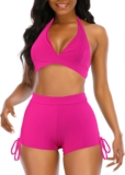 Womens High Waisted Swimsuits with Boy Shorts Brazilian Triangle Top Stripes Halter Bikini Two Piece Bathing Suits