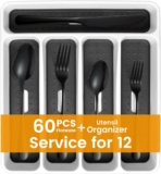 60 Piece Black Silverware Set with Organizer, Service for 12, KITWARE Stainless Steel Flatware Set,Mirror Polished Cutlery Utensil Set, Home Kitchen Tableware Set Fork Knife Spoon