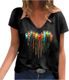 Plus Size Tops for Women Funny Printed Blouses V Neck Short Sleeve Loose T-Shirt Women’s Casual Dressy Tshirt Tees
