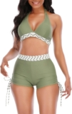 Womens High Waisted Swimsuits with Boy Shorts Brazilian Triangle Top Stripes Halter Bikini Two Piece Bathing Suits
