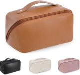 BOBOBOX New Large Capacity Travel Cosmetic Bag PU Leather Waterproof Portable with Handle and Divider Multifunctional Bag Makeup Accessories for Women (C-Brown)