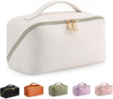 BOBOBOX New Large Capacity Travel Cosmetic Bag PU Leather Waterproof Portable with Handle and Divider Multifunctional Bag Makeup Accessories for Women (J-White)