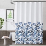 Metro Parlor Blue Navy Fabric Shower Curtain 70×84 Inch, Floral Decor Printed on White Waffle Water Resistant Liner, Bathroom Hotel Spa Washable Bath Curtain