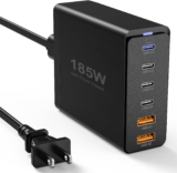 USB-C Charger, 185W GaN 6-Port USB-C Laptop Wall Charger Block Adapter, 65W Super Fast Type-C Charging Station Hub for MacBook Pro/Air, iPad, iPhone 14, 13, 12 Pro Max, Samsung Galaxy Note (Black)