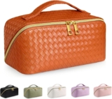 BOBOBOX New Large Capacity Travel Cosmetic Bag PU Leather Waterproof Portable with Handle and Divider Multifunctional Bag Makeup Accessories for Women (K-Orange)