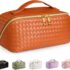 BOBOBOX New Large Capacity Travel Cosmetic Bag PU Leather Waterproof Portable with Handle and Divider Multifunctional Bag Makeup Accessories for Women (C-Brown)