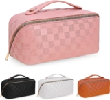 BOBOBOX New Large Capacity Travel Cosmetic Bag PU Leather Waterproof Portable with Handle and Divider Multifunctional Bag Makeup Accessories for Women (E-Pink)