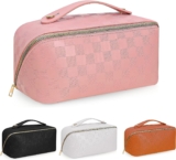 BOBOBOX New Large Capacity Travel Cosmetic Bag PU Leather Waterproof Portable with Handle and Divider Multifunctional Bag Makeup Accessories for Women (E-Pink)