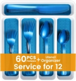 60 PCS Blue Silverware Set with Organizer Tray Service for 12,KITWARE Stainless Steel Flatware Cutlery Set,Mirror Polished Cutlery Utensil Set,Home Kitchen Dinnerware Fork Knife Spoon Set