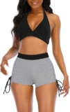 Womens High Waisted Swimsuits with Boy Shorts Brazilian Triangle Top Stripes Halter Bikini Two Piece Bathing Suits