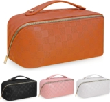 BOBOBOX New Large Capacity Travel Cosmetic Bag PU Leather Waterproof Portable with Handle and Divider Multifunctional Bag Makeup Accessories for Women (G-Brown)