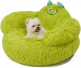 Jiupety Calming Dog and Cat Bed, Indoor High Bolster Donut Dog Beds, Comfortable Plush Cuddler Dog Bed, M(24″x24″x14″) Size for Small Dogs and Cats, Cute Cartoon Soft Bed, Green.