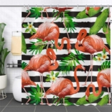 GCIREC Flamingo Shower Curtain, Black White Stripe Tropical Leaf Palms Banana Leaves Jungle with Flower Flamingos Bathroom Curtain Waterproof Fabric Machine Washable