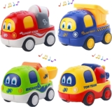 Funsland Music Car Toys for Toddler 1 2 3 Years – 4 Piece Music Pull Back Cars Toy for Toddlers Go Friction Powered Toy Dump Truck, Cement Mixer, Tractor, Dump Truck Cartoon Car Toys