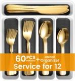 60-piece Gold Flatware Set with Organizer for 12, Stainless Steel Silverware Cutlery Set, KITWARE Fork Spoon Knife Set Eating Utensils Tableware, Handwash Recommanded
