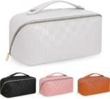 BOBOBOX New Large Capacity Travel Cosmetic Bag PU Leather Waterproof Portable with Handle and Divider Multifunctional Bag Makeup Accessories for Women (F-White)