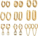 9 Pairs Gold Chunky Hoop Earrings Set for Women, 14K Gold Plated Twisted Huggie Hoop Earring Hypoallergenic, Lightweight Thick Open Hoops Earrings Jewelry Gifts.
