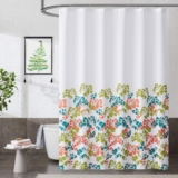 Metro Parlor Green Teal Fabric Shower Curtain 70×84 Inch, Floral Decor Printed on White Waffle Water Resistant Liner, Bathroom Hotel Spa Washable Bath Curtain