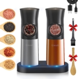 Gravity Electric Salt and Pepper Grinder Set – USB Rechargeable，Automatic Salt Pepper Mill with 5 Adjustable Coarseness, Ceramic Grinder with Bottom Cap, White LED Lights