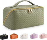 BOBOBOX New Large Capacity Travel Cosmetic Bag PU Leather Waterproof Portable with Handle and Divider Multifunctional Bag Makeup Accessories for Women (N-Olive Green)