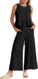 Prinbara Women’s Summer 2 Piece Outfits Sleeveless Round Neck Ruffle Tank Crop Top Wide Leg Pants Set with Pockets