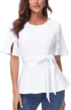 Kate Kasin Women’s Tie Waist Crew Neck Peplum Tops Ruffle Short Sleeve Office A-Line Shirts