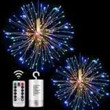 LIGHTNUM 2 Pack Firework Lights LED Battery Operated Starburst Lights Outdoor Copper Wire 8 Mode Dimmable Lights with Romote Control Starburst Christmas Lights for Home, Patio