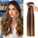 JESSBO Tape in Hair Extensions Human Hair for Women,Straight Chocolate Brown to Caramel Blonde 100% Human Hair 20 inch 20pcs 50g/pack Seamless Skin Weft (20 Inch #4/27 Chocolate Brown to Caramel Blonde)