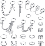 THUNARAZ Vintage Statement Knuckle Rings for Women Cool Adjustable Punk Gothic Chain Rings Set Stackable Open Butterfly Cross Heart Finger Rings Pack