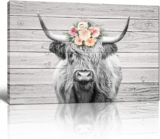 ENBIDAVI Scottish Highland Cow Headband Floral Bouquet Canvas Wall Decor Rustic Poster Farmhouse Decoration for Home Bedroom Office Framed 24×16 Inches