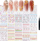 20 Sheets Nail Art Stickers for Younger Girls and 1 Nail Art Tweezers, Flowers Leaf Fruits Rainbow Animals Self-Adhesive Designer Nail Polish Stickers Decals for Younger Girls Nail Salon Or at Home