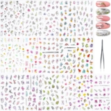 16 Sheets Nail Art Stickers Decals and 1 Straight Black Nail Art Tweezers, Blooming Flower Leaf Plants Hand Curve Sliders Design 3D Self-Adhesive DIY Nail Decorations Spring Summer Fall for Manicure